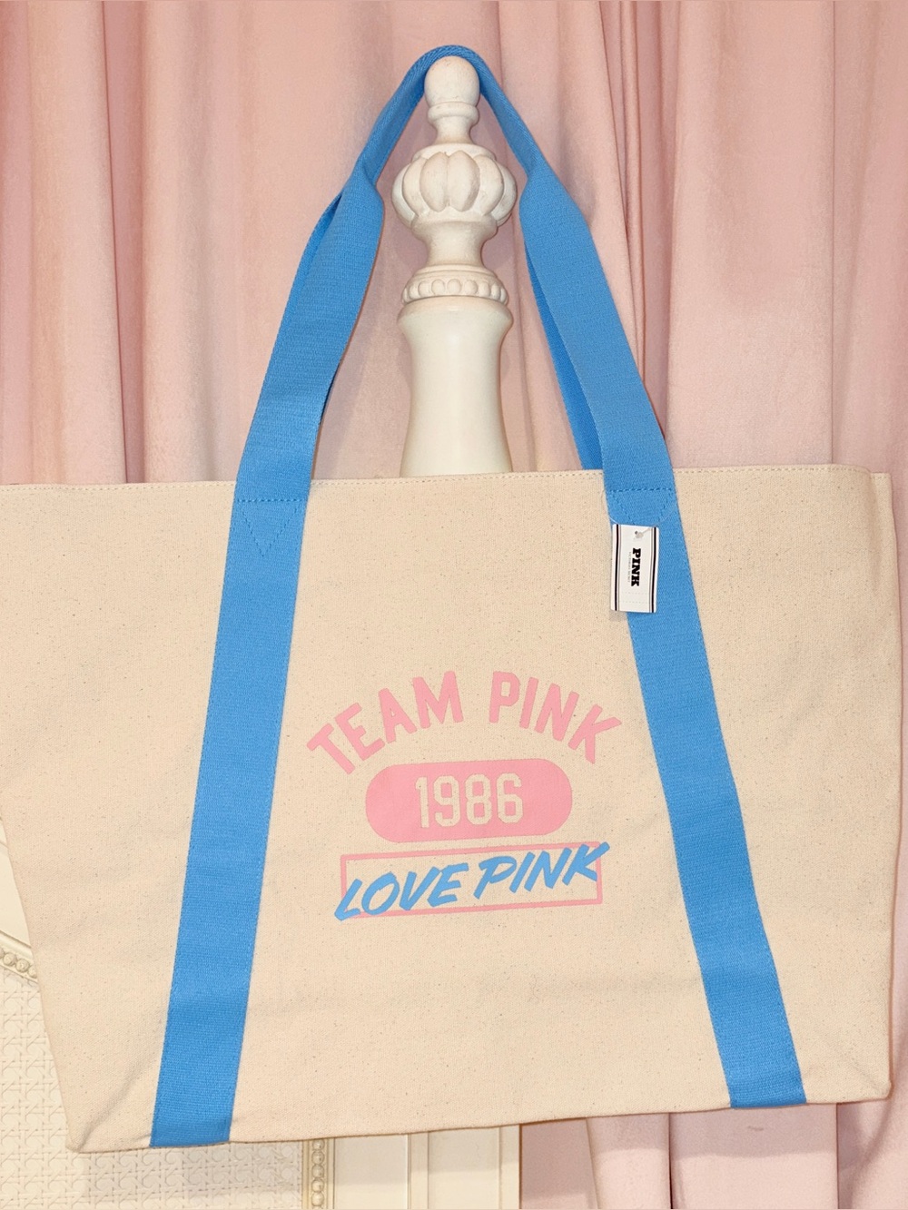 PINK Victoria's Secret Canvas Tote with Blue Straps and Pink Print